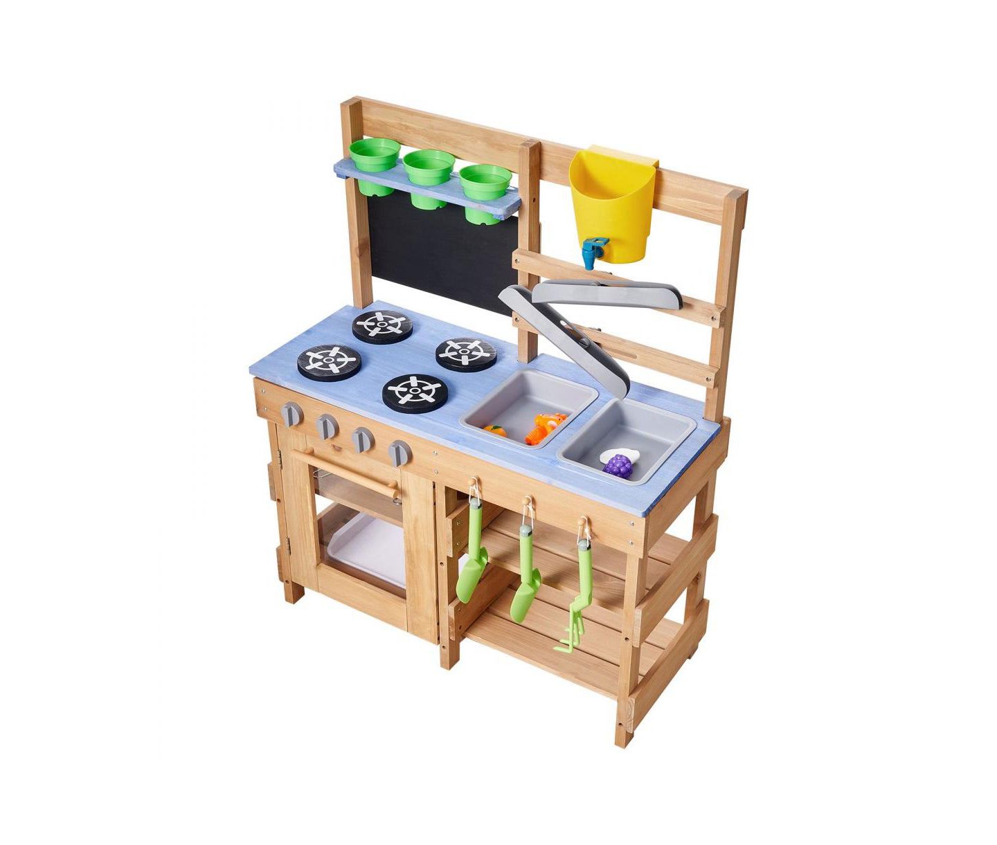 Детская игрушка Slickblue Wooden Outdoor Mud Kitchen with Stoves, Hooks, and Cookware, цвет: Синий / Коричневый — фото 3