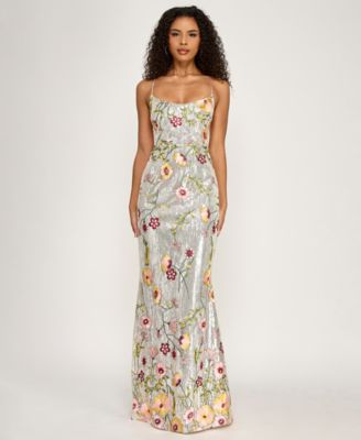 Juniors' V-Neck Floral Embroidered Sequin Maxi Dress