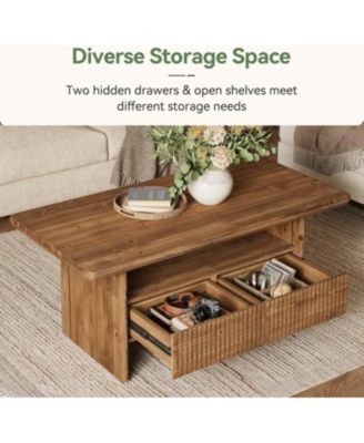 2-Tier Solid Wood Coffee Table with 2 Drawers, 47.24" Rustic Rectangle Center Tea Table for Living Room with Open Shelf Storage