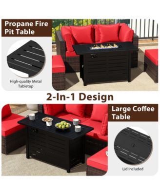 Set of 5 Patio Furniture Set Heavy-duty Frame Rattan Sofa Set w/ 60000 BTU Firepit Table
