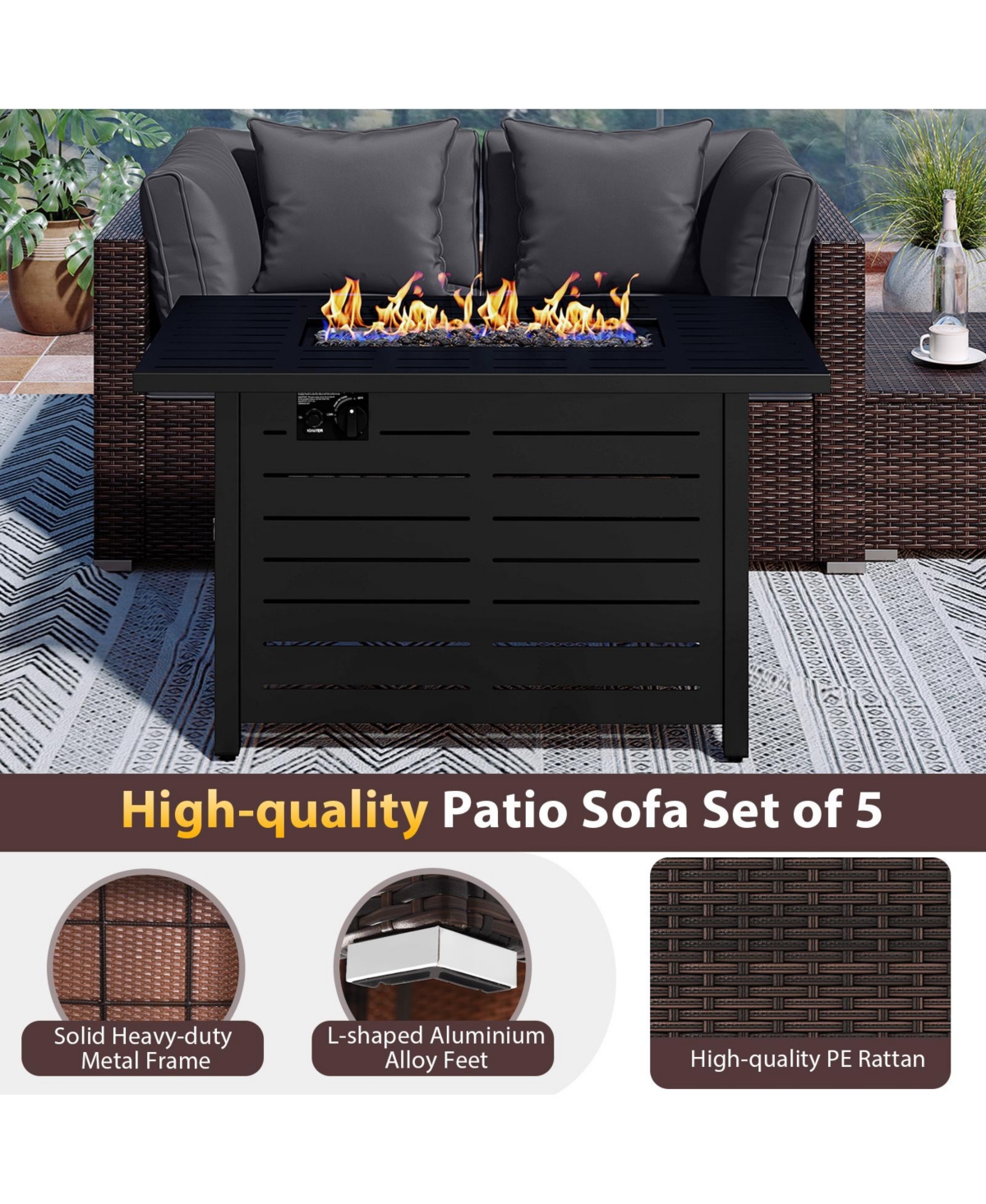 Gymax Set of 5 Patio Furniture Heavy-duty Frame Rattan Sofa w/ 60000 Btu Firepit Table