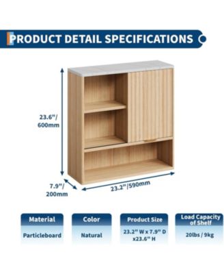 Fluted Bathroom Wall Cabinet with Sliding Door, Faux Marble Top, Adjustable Shelf & Open Storage, Curved Profile