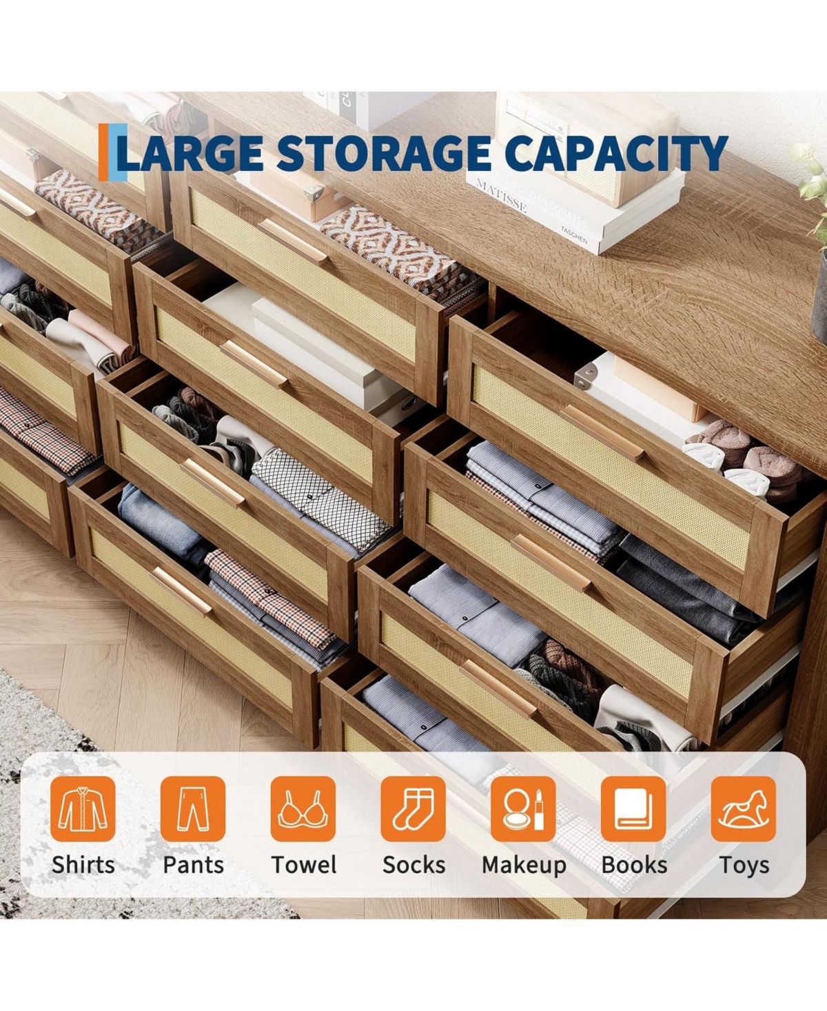 gaomon 12 Drawer Dresser for Bedroom, Modern Rattan Chest of Drawers, Wood Storage Organizer with Panel Drawers and Handles