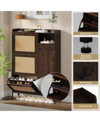 Rattan Narrow Entryway Shoe Cabinet - 3 Flip Drawers with Adjustable Shelves Storage Organizer
