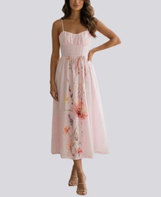 Juniors' Floral Print Eyelet Corset Midi Dress