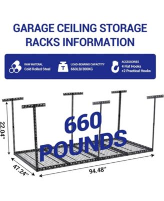 4x8 ft Overhead Garage Storage Rack, Height Adjustable Metal Ceiling Rack, 660 Lbs Capacity, 6 Vertical Posts