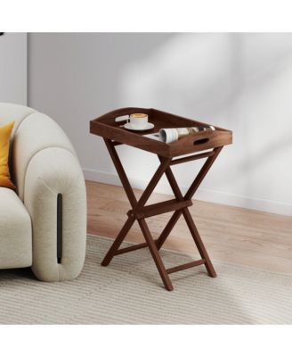 Solid Teak Wood Folding Tray Table with Removable Top and X-Frame for Patio Garden