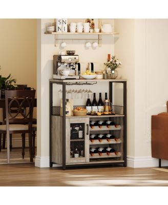 Wine Bar Rack Cabinet, Adjustable Shelves Coffee Bar Cabinet with Mesh Door and Baffle Design