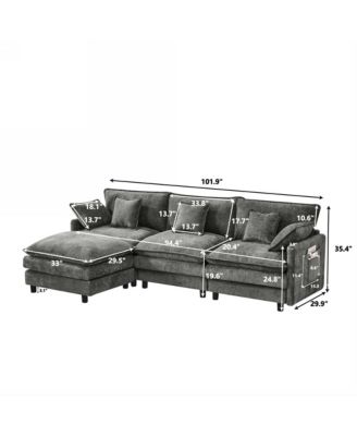 101.9 Inch Chenille 3-Seater Sofa with Movable Ottoman, Modular Cloud Couch