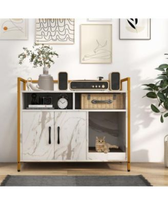 Hidden Cat Washroom with Double Doors & Scratch Cardboard - Modern Litter Box Enclosure