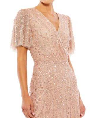 Petite Embellished Flutter Sleeve Evening Gown