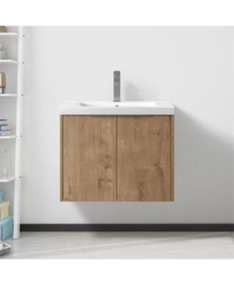 24" Wall-Mounted Bathroom Vanity Set, Oak Finish, Soft-Close Cabinet Door, Floating Single Sink Vanity for Small Spaces