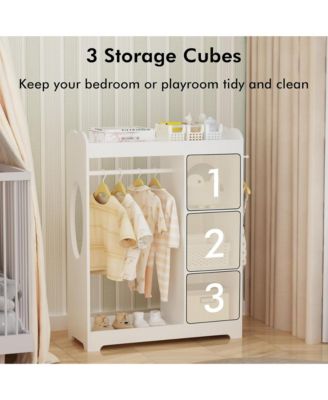 Wooden Dress Up Clothes Rack - Toddler Costume Organizer with Mirror, Hanging Rod, 3 Side Hooks, Storage Shelves and Top Shelf for Bedroom