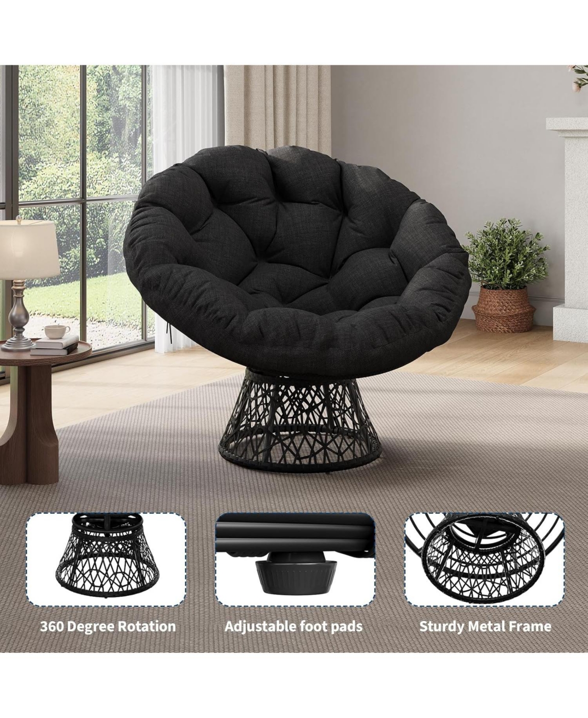 gaomon Papasan Chair Ergonomic Wicker Papasan Chair with Extra-Thick Soft Fabric Cushion, Heavy-Duty Steel Frame, 360° Swivel Base for Living Roo