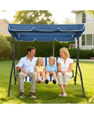 Outdoor Porch Swing Chair with Adjustable Canopy & Striped Seat Cushion for Adults 3-Seat Patio Glider Bench with Thick Cushions