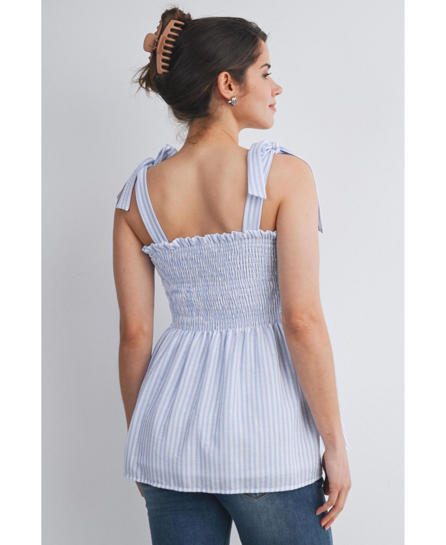 Maternity Striped Smocked Square Neck Tie Strap Top