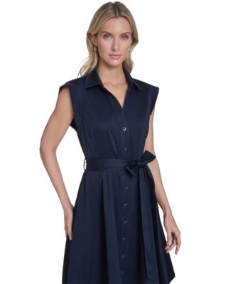 Women's Belted Button-Front Collared Fit-and-Flare Dress
