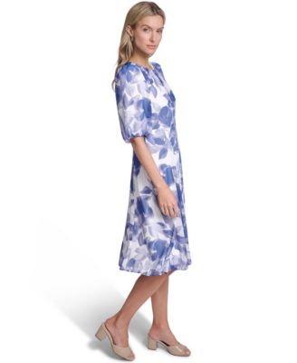 Petite Balloon-Sleeve Printed Midi Dress
