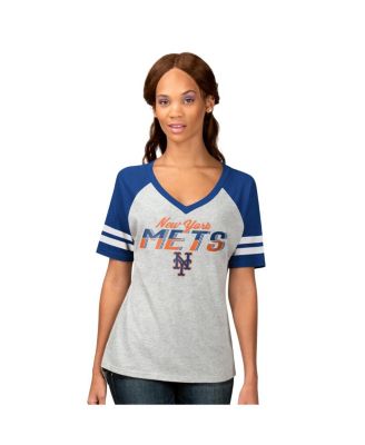 Women's Heather Gray New York Mets Goal Line Raglan V-Neck T-Shirt