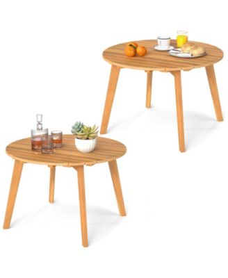 2PCS Outdoor Acacia Wood Side Table Patio 24.5'' Round End Table w/ Slatted Tabletop