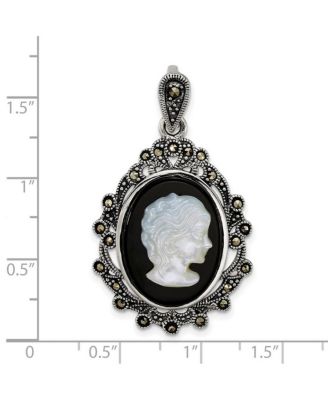 925 Sterling Silver Marcasite, Agate and Simulated Mother of Pearl Cameo Pendant Necklace