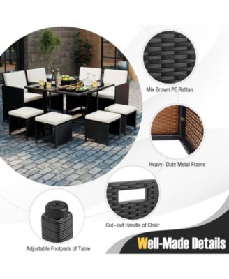 Set Of 9 Patio Dining Set w/Tempered Glass Table & Ottoman Removable Cushions