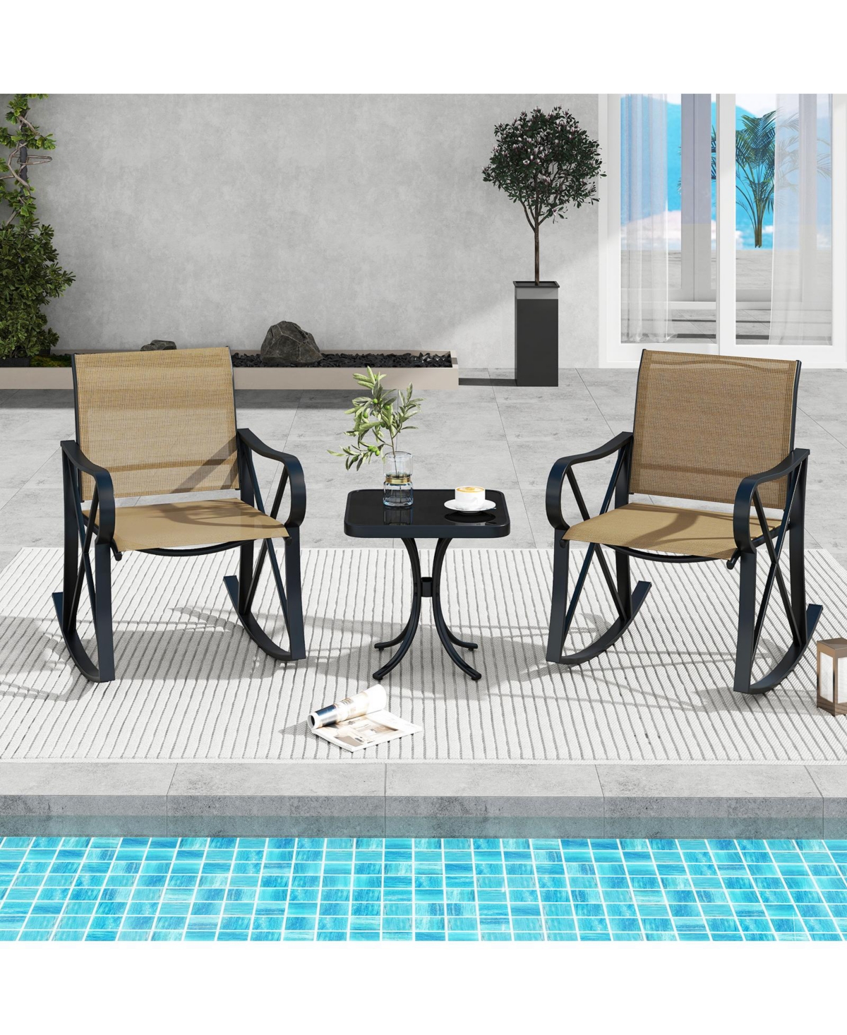 Gymax 3 Piece Patio Rocking Set 2 Chairs w/ Tempered Glass Side Table