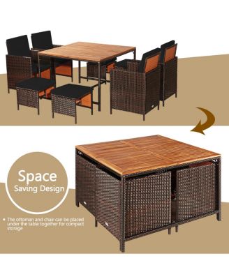 Set Of 9 Patio Rattan Dining Set Cushioned Chairs Ottoman Wood Table Top