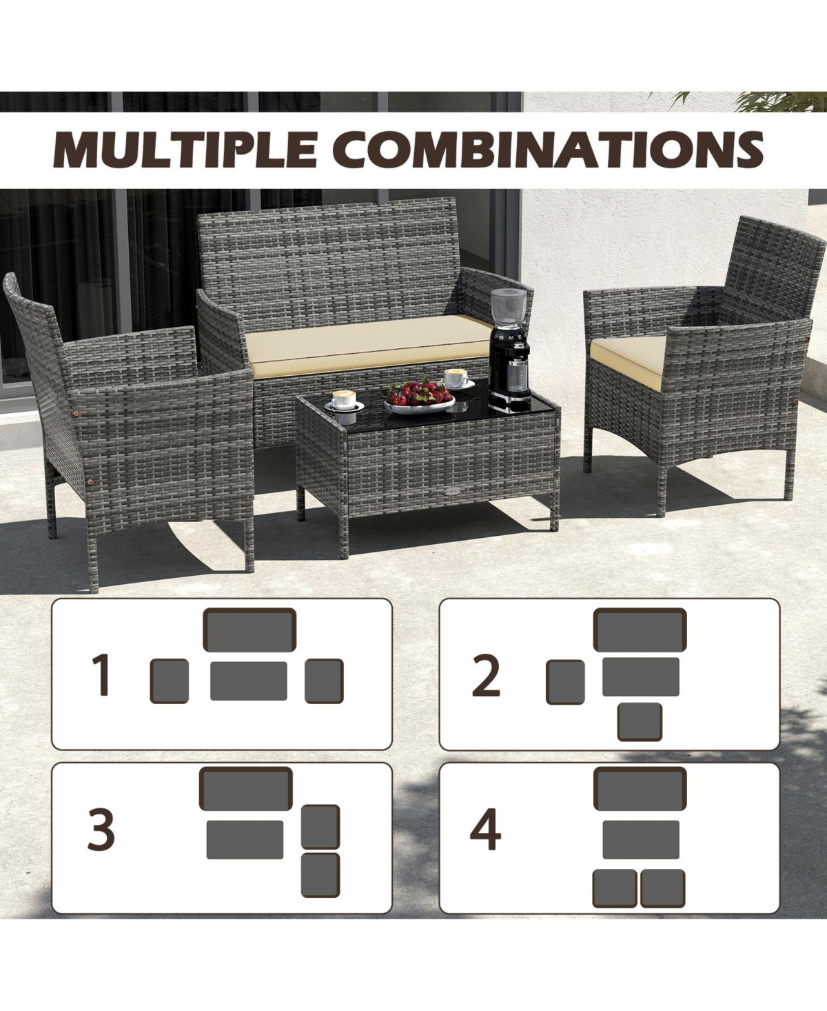 Gymax Set Of 8 Patio Furniture w/Washable Cushions and Tempered Glass Coffee Table