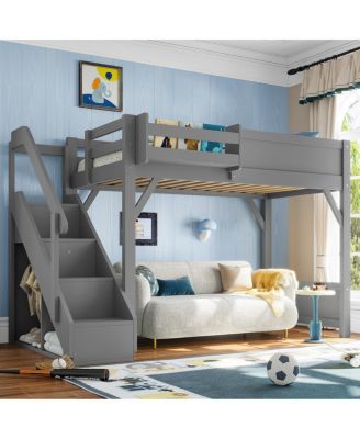 Twin Loft Bed with Wardrobe, Storage, Shelves, Guardrails & Stairs