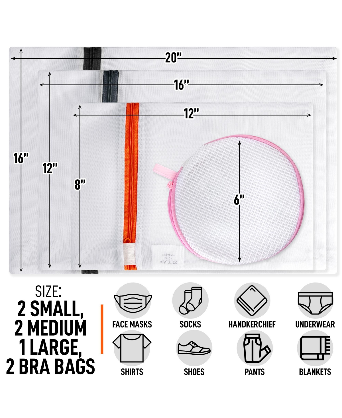 Zulay Kitchen 7 Pack Reusable Mesh Laundry Bags for Delicates (2 Small, 2 Medium, 1 Large, 2 Bra Bags)