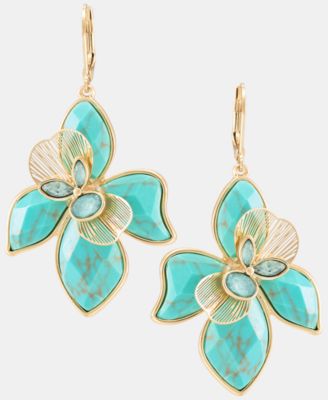 Gold-Tone Faux Turquoise Large Flower Drop Earrings