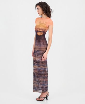 Women's Short-Sleeve Beach Sunset Mesh Maxi Dress