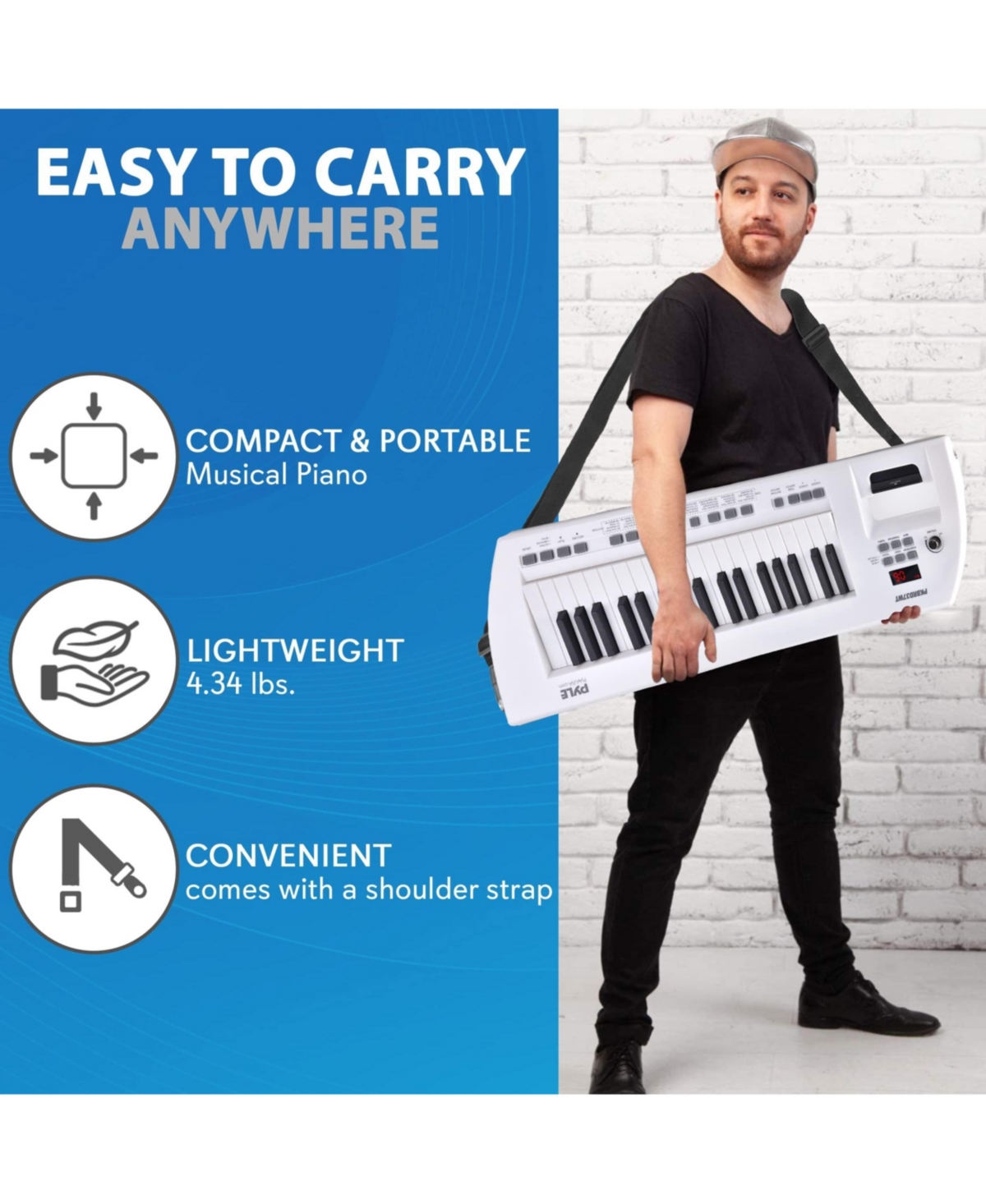 Pyle Electric Piano, 37-Key Music Keyboard, Built-in Stereo Speakers, Rechargeable Battery, Wired Microphone