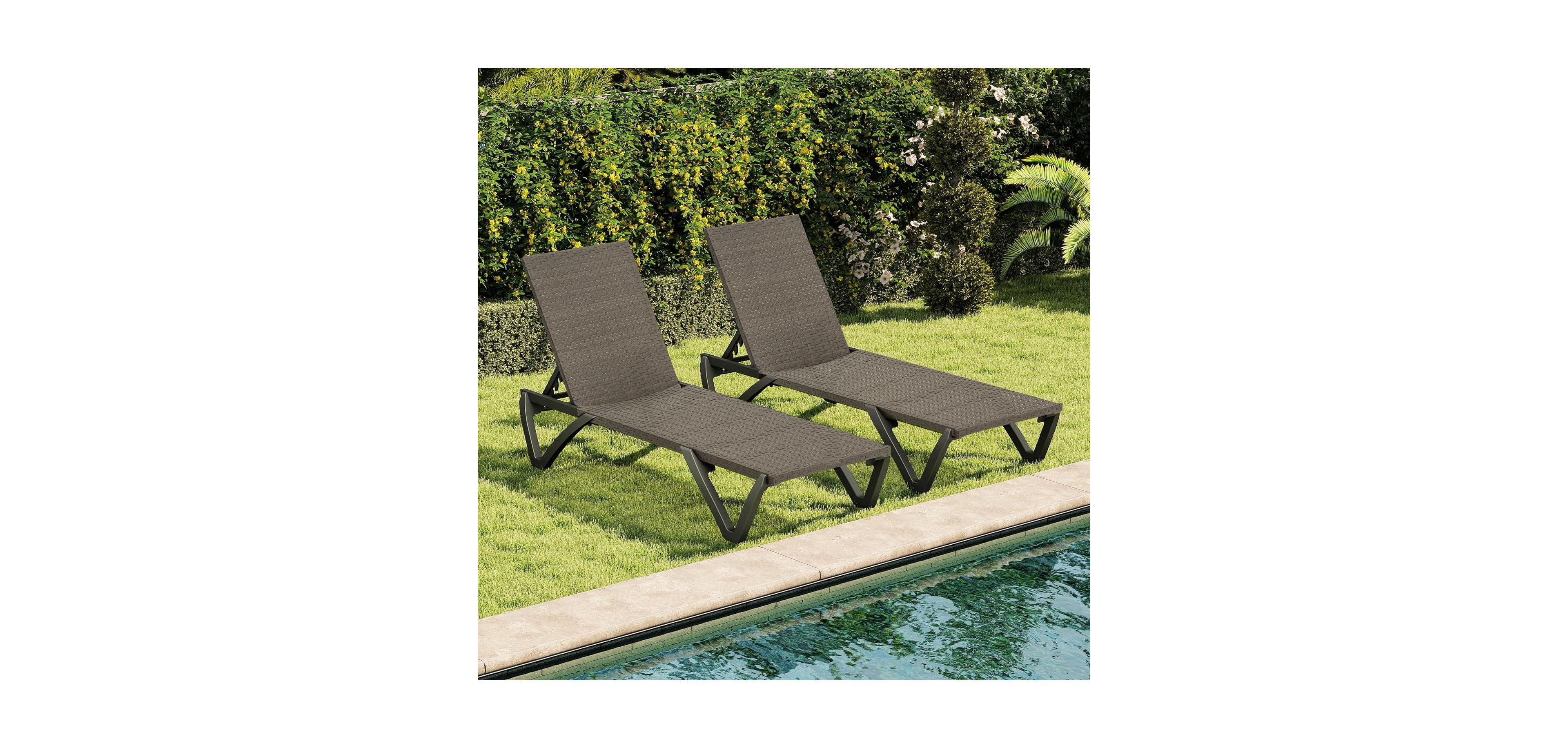 Clihome Pool Lounge Chairs Set of 2, Wicker Adjustable Outdoor Chaise Lounge with Wheels, Poolside Chairs