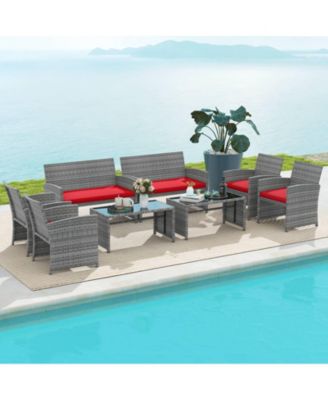 8 Piece Patio Furniture Set Outdoor Wicker Conversation Set w/ Tempered Glass Coffee Table
