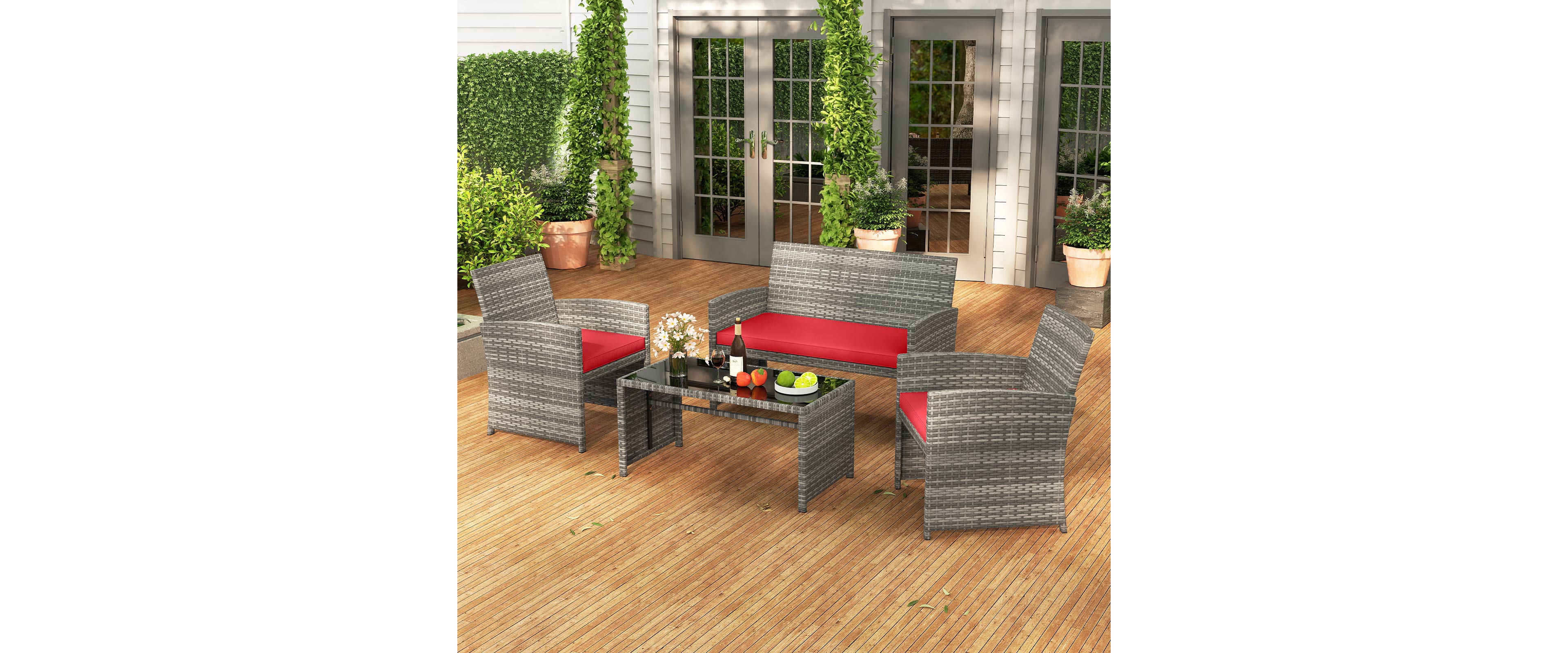 Gymax 8 Piece Patio Furniture Set Outdoor Wicker Conversation Set w/ Tempered Glass Coffee Table