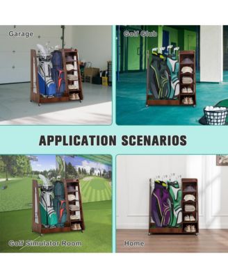 Golf Bag Storage Rack - Wooden Golf Clubs Organizer Fit 2 Golf Bags and Other Golfing Equipment Accessories for Garage, Club, Basement