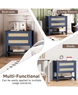 Rattan Nightstand - Bedside Table with 2 Drawers, Open Storage Shelf and Gold Drawer Handles for Bedroom, Living Room, Hallway