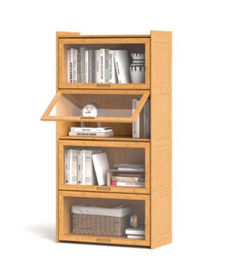 4-Tier Bamboo Bookcase with Doors for Study Room Living Room