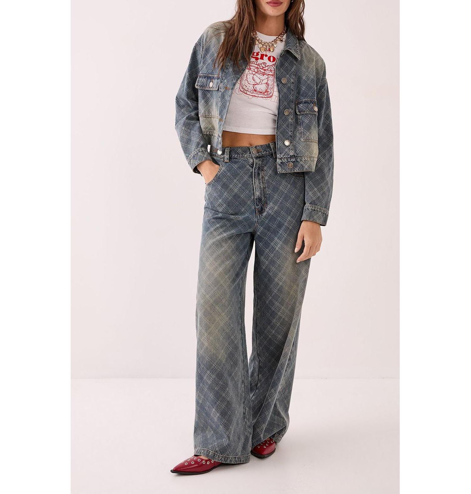 Women's Check Denim Distressed Jacket