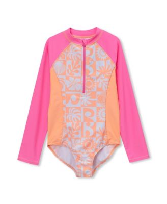 Girls Chlorine Resistant Long Sleeve One Piece Half Zip Swimsuit