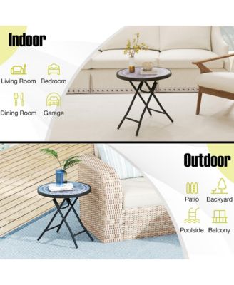 Round Folding Side Table 18 Inch Patio Coffee Table w/ Tempered Glass Tabletop