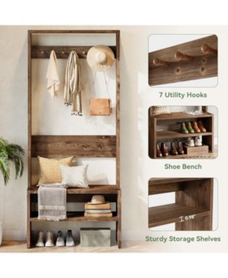 70.8” Tall Freestanding Coat Rack with Shoe Bench, 7 Hooks & 2 Shelves, Wood Hall Tree with Bench and Shoe Storage