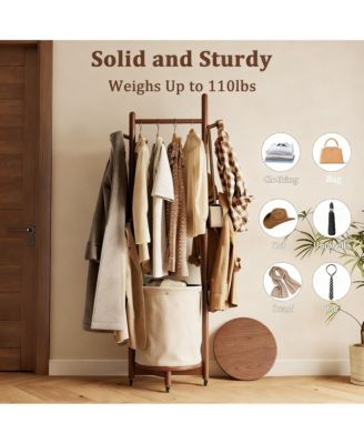 Solid Wood 9-Hook Coatrack with Wheels & Fabric Basket
