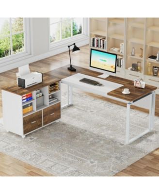 L-Shaped Desk with Drawers, 63" Office Desk with File Cabinet