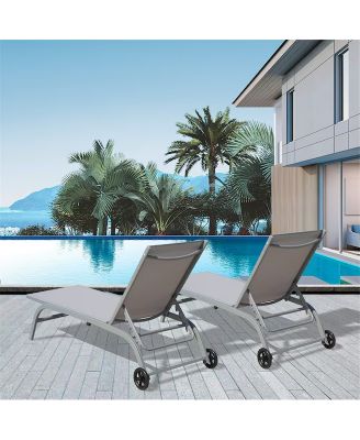 Outdoor Chaise Lounge Set of 2, Woven Polypropylene Seats, Stackable Aluminum Frame Patio Chairs