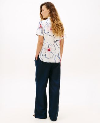 Women's Printed Linen Short-Sleeve Relaxed Shirt