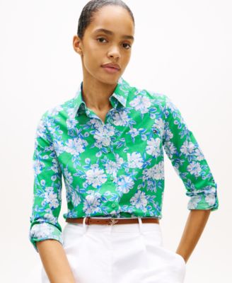Women's Printed Button-Front Roll-Tab Shirt