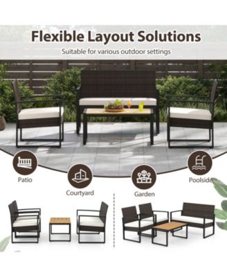 4 Pieces Patio Furniture Set PE Rattan Porch Chairs w/ Loveseat & Coffee Table